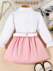 Toddler pink skirt and white long sleeve collared shirt set with white belt
