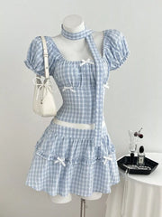 Plaid Puff Sleeve Blouse And Skirt Set, front view