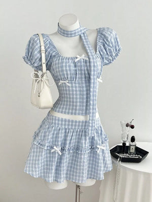 Plaid Puff Sleeve Blouse And Skirt Set, front view