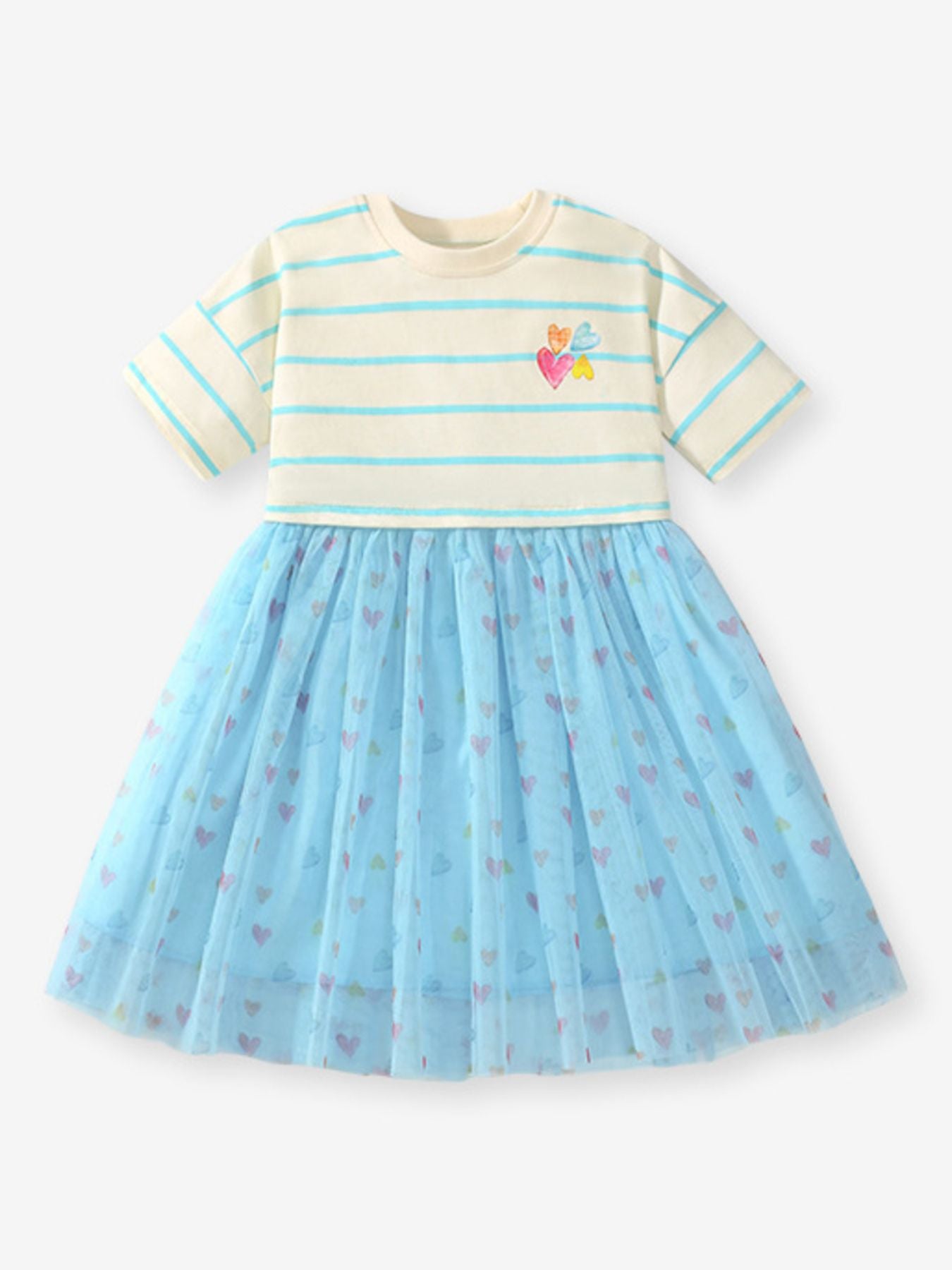 Toddler dress with striped top and blue tulle skirt with heart print
