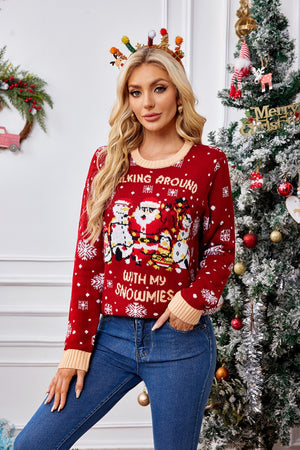Red graphic knit sweater with Santa and snowmen, crew neck, acrylic, long sleeves.