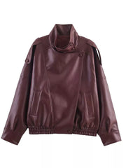 Zip-up Faux Leather Moto Jacket in Brown, editorial view