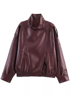 Zip-up Faux Leather Moto Jacket in Brown, editorial view