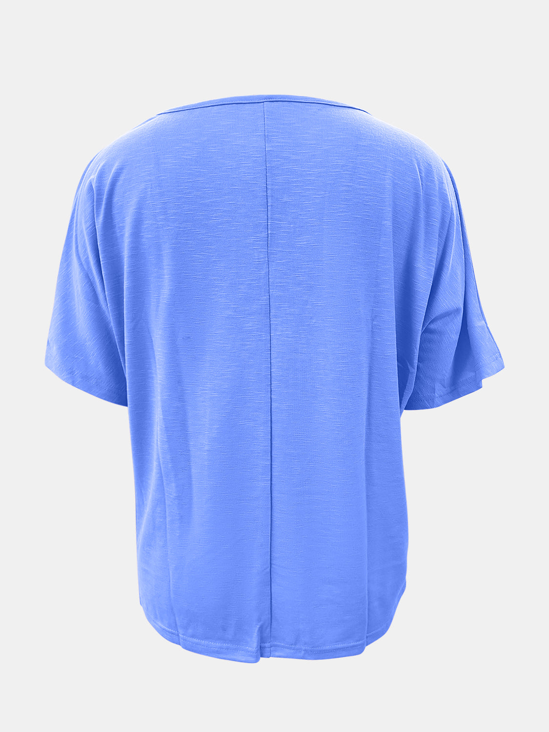 Blue purple relaxed V-neck dolman sleeve tee with textured fabric and center back seam.
