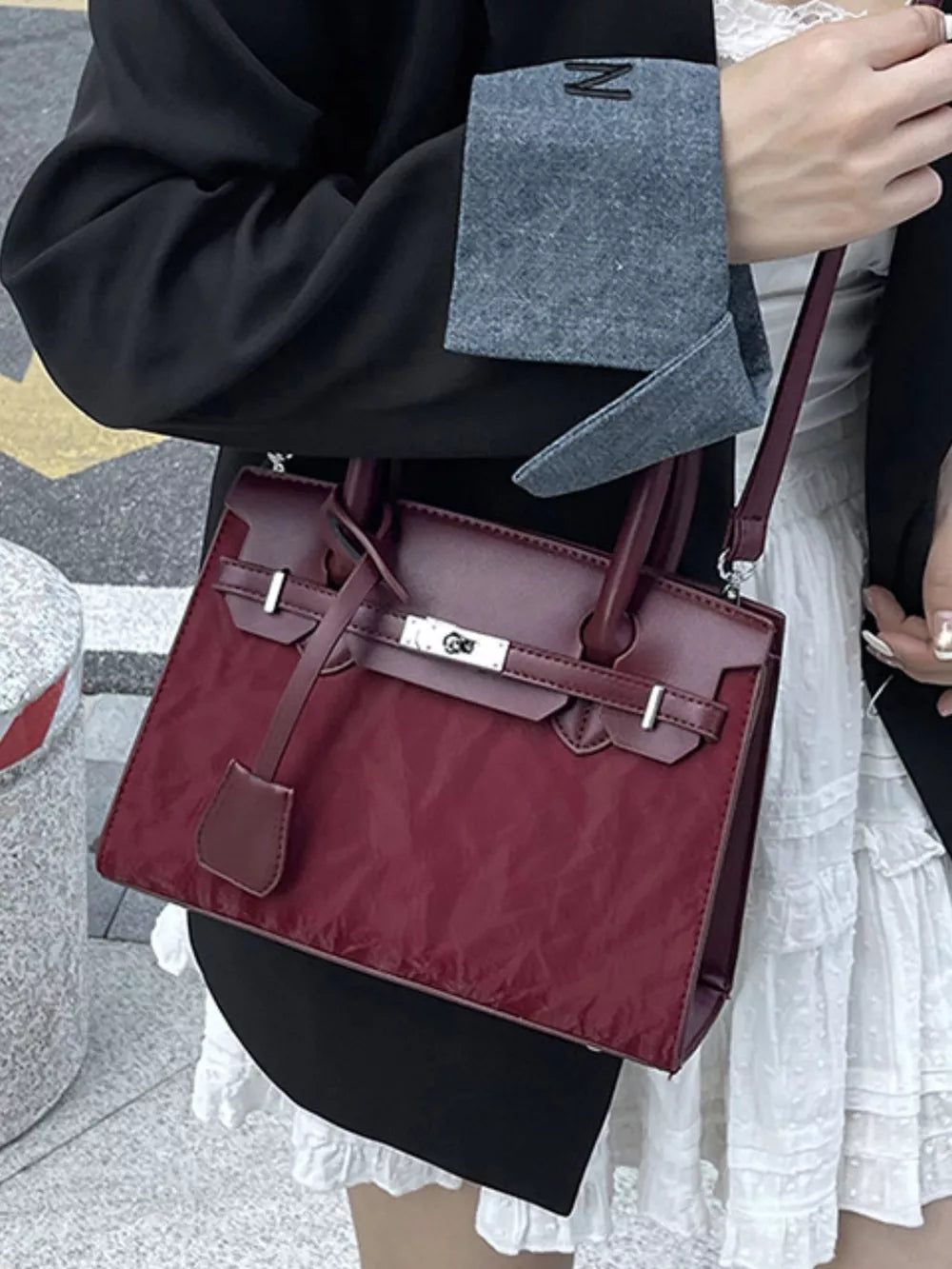 Textured Leather Top-handle Handbag in Black, alternate angle