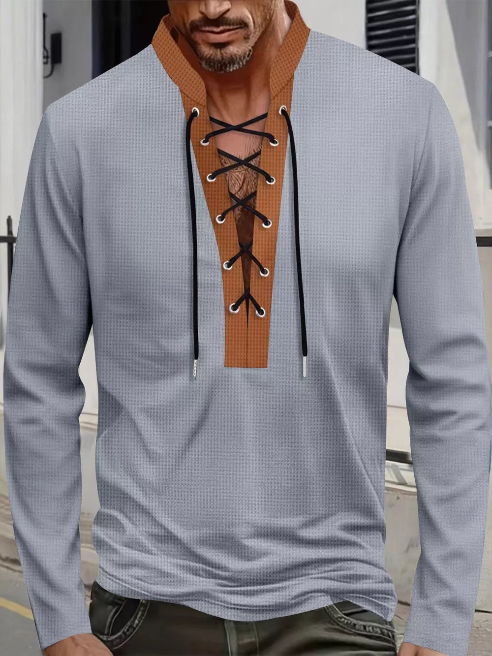 Men's Vintage Lace-up Long Sleeve Henley Plus Size, model styling view