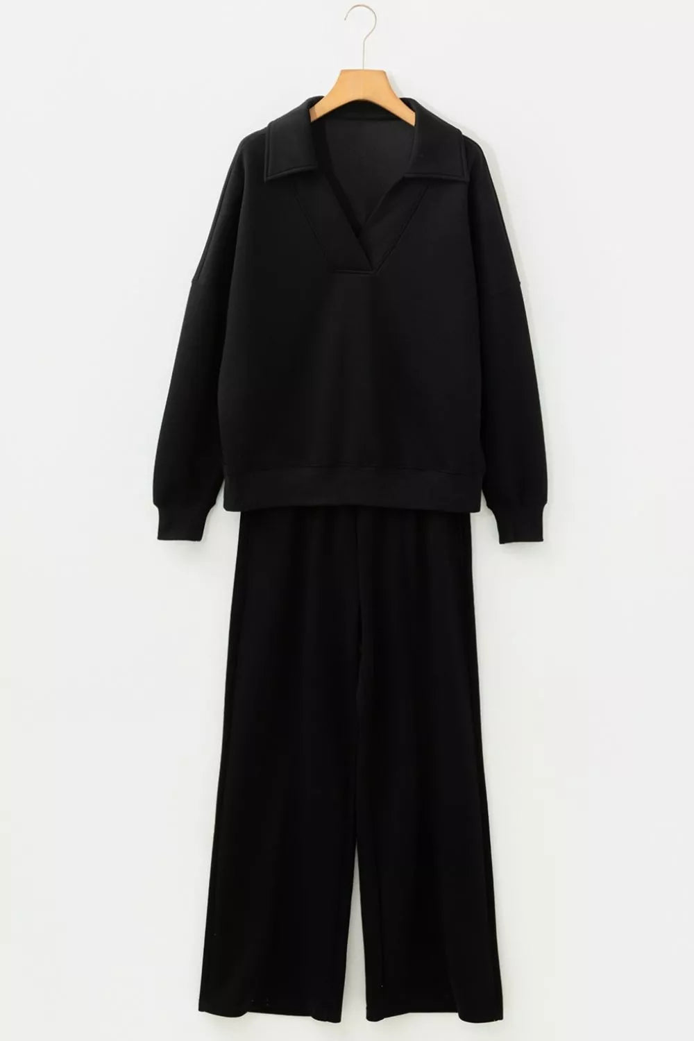 Black collared v-neck sweatshirt and wide-leg pants pajama set