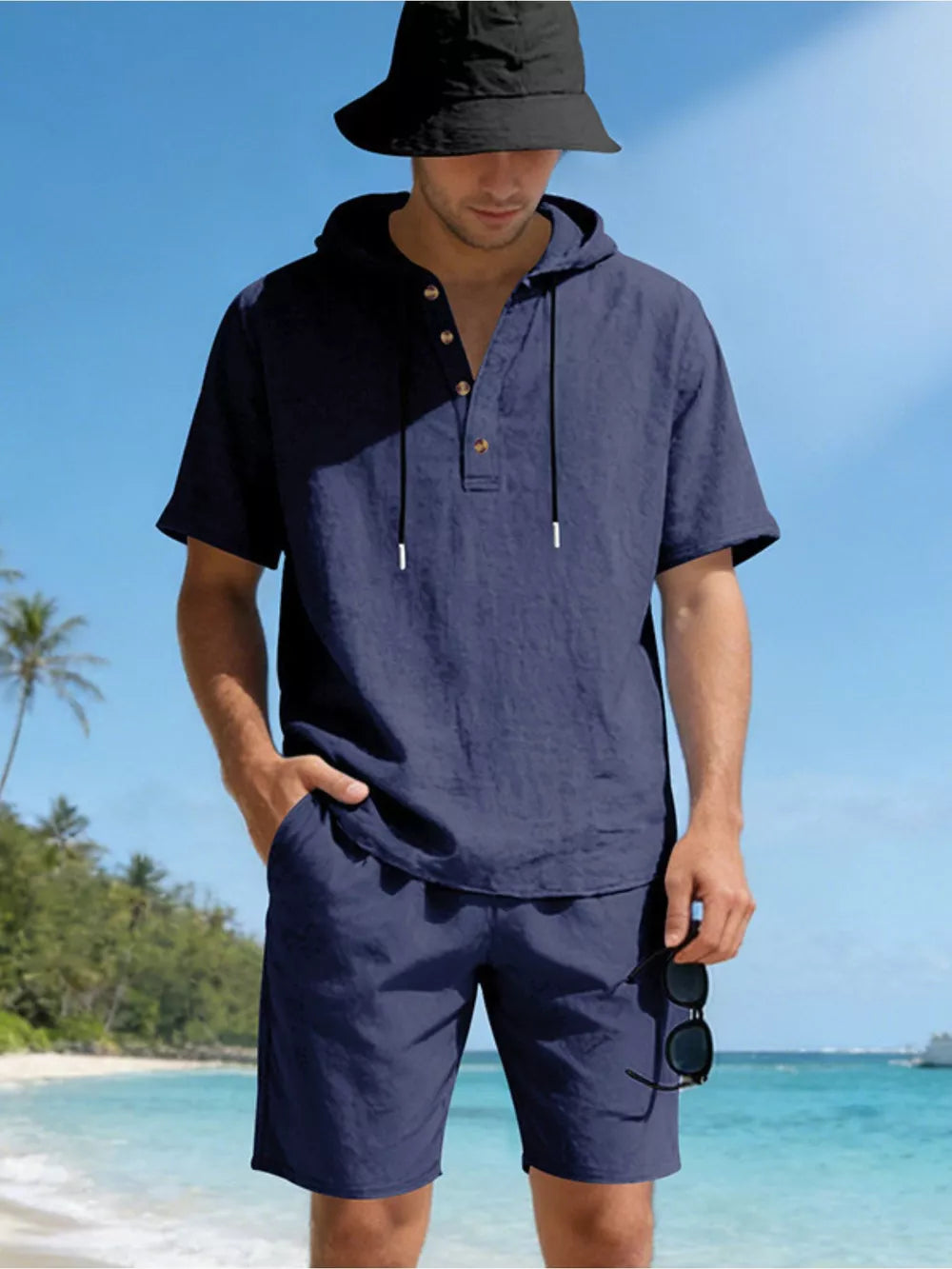 Navy linen blend hooded top and shorts set for men, short sleeve, button neck, drawstring hood.