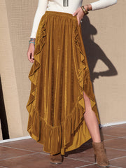Velvet ruffle slit palazzo pants in caramel with a high waist and flowy cut.