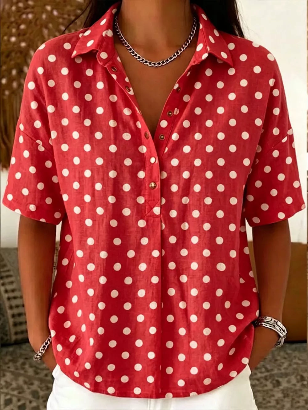 Full Size Polka Dot Short Sleeve Shirt Plus Size, fabric detail