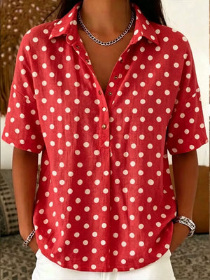 Full Size Polka Dot Short Sleeve Shirt Plus Size, fabric detail
