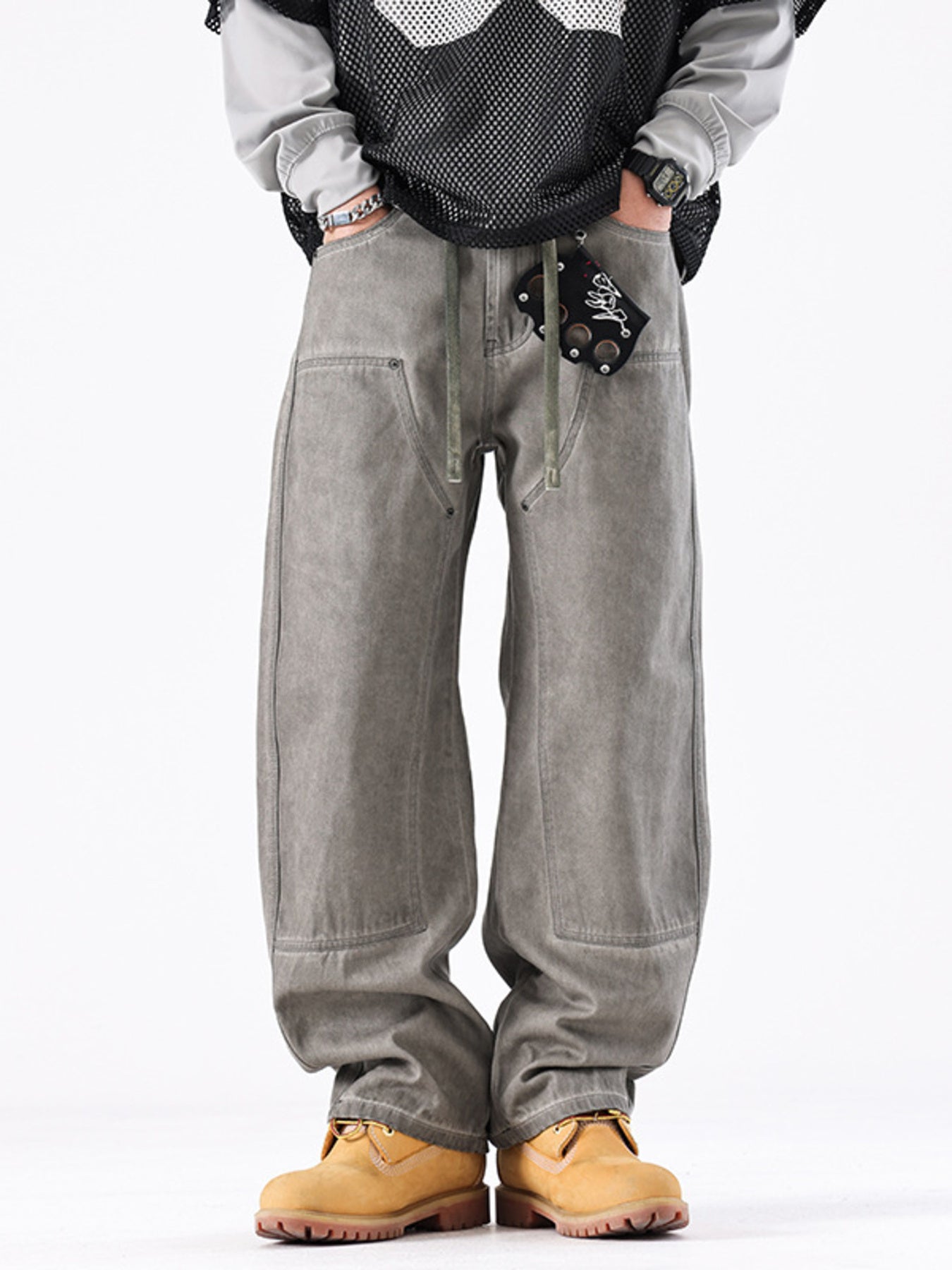 Men's vintage wash wide-leg cotton jeans in gray with drawstring waist and relaxed fit.