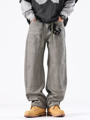 Men's vintage wash wide-leg cotton jeans in gray with drawstring waist and relaxed fit.