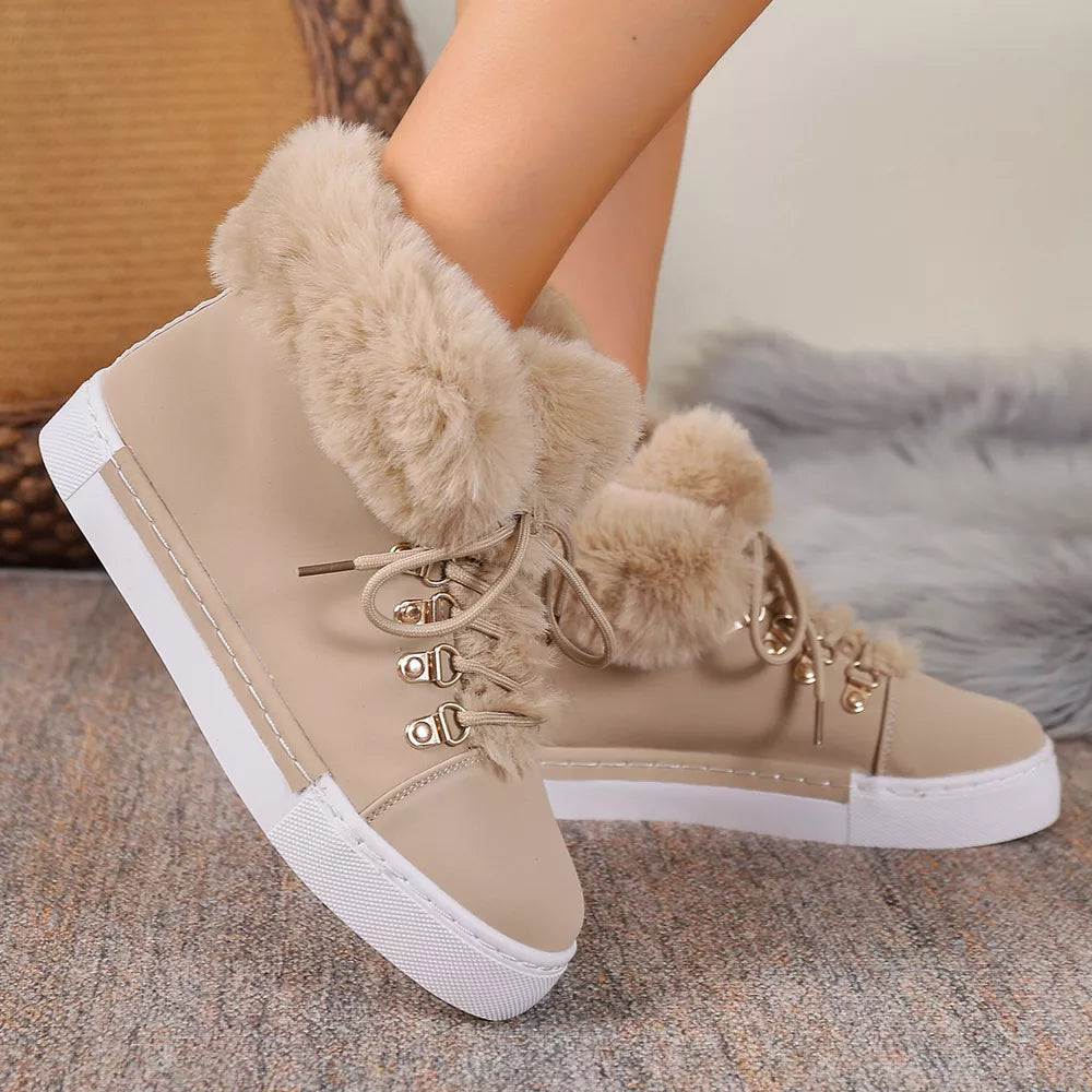 Apricot fluffy cuff round-toe platform boots with white soles and laces.