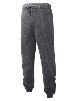 Dark gray fleece joggers with drawstring waist and zip pockets