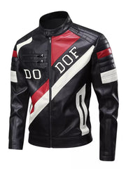 Men's black color block sport jacket with red and white accents and zippered pockets.
