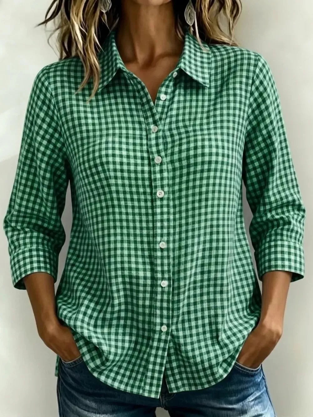 Full Size Plaid Collared Button Up Shirt, back view