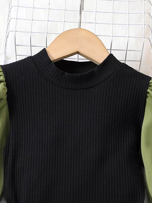 Children's Color Block Top And Pants Set in Army Green, side view