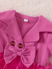Pink baby dress with collared neckline, bow, buttons, and butterfly applique tulle skirt.