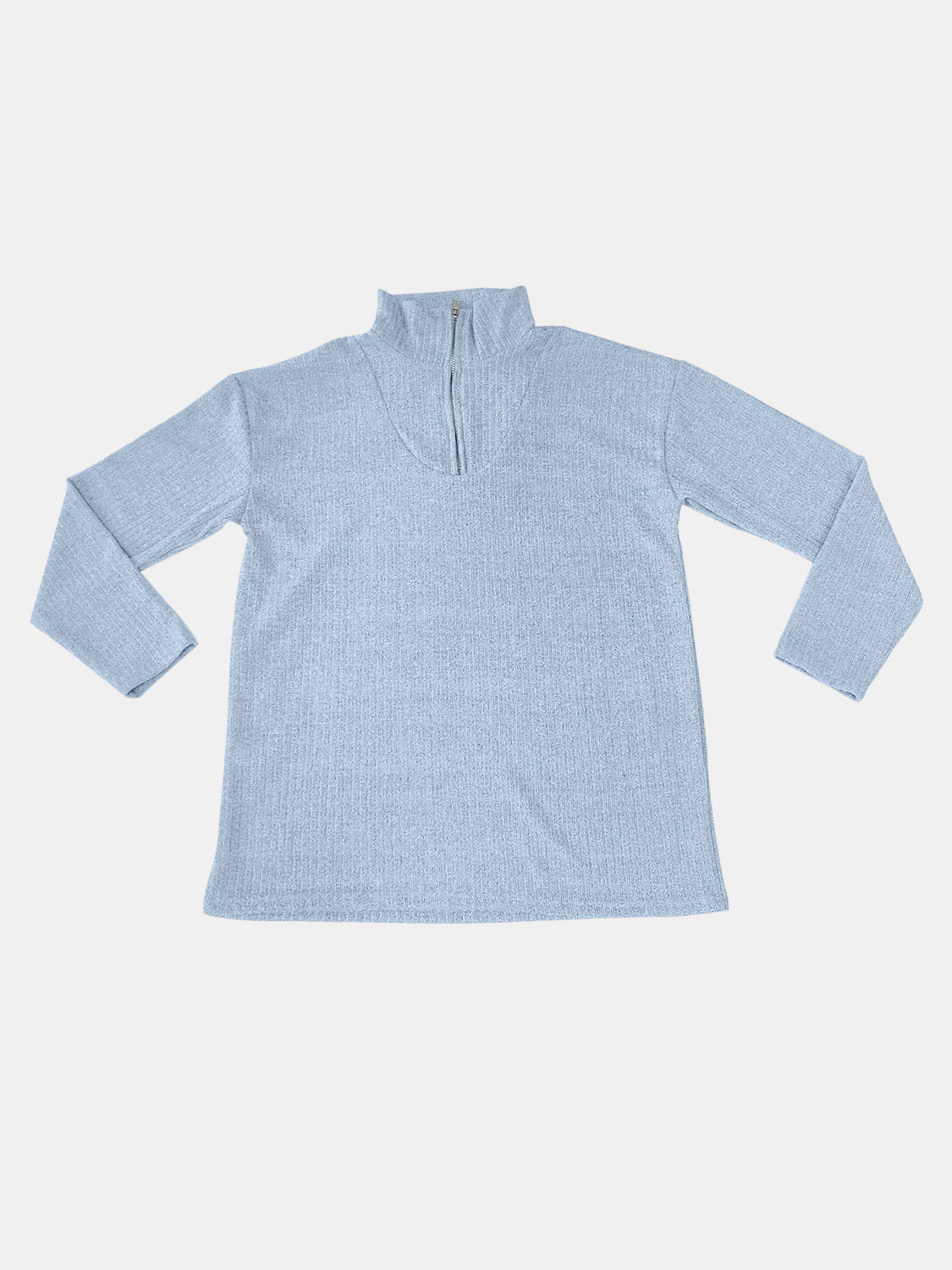 Light blue ribbed knit quarter-zip pullover sweater with a high neckline and long sleeves.
