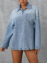 Light wash denim collared top with quarter zip and chest pocket.