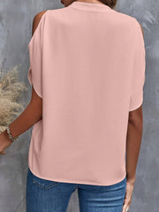 Blush pink open-shoulder blouse with mandarin collar and short sleeves.