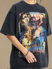Black vintage graphic tee with oversized fit and fiery skull artwork.