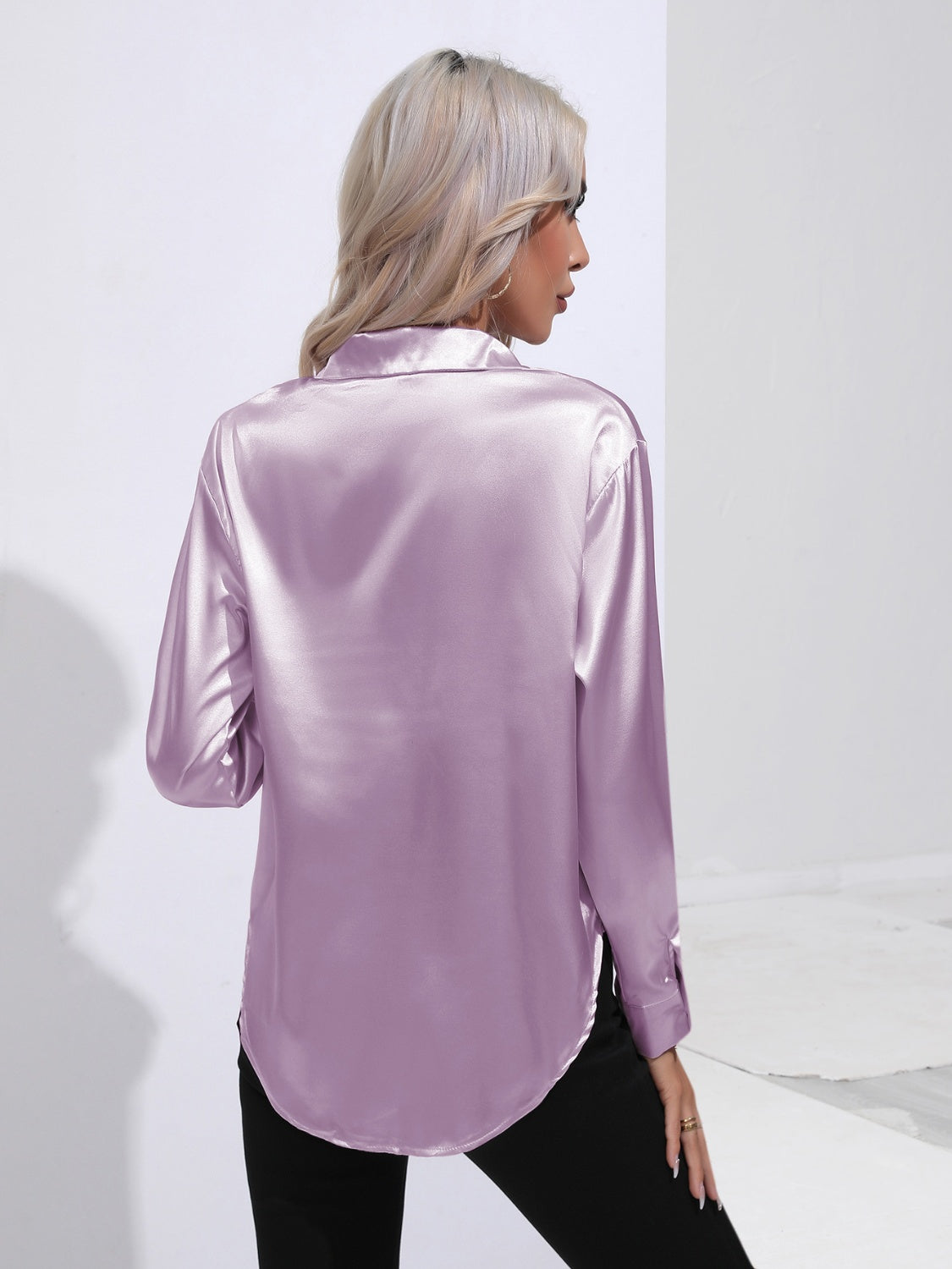 Satin tie-front blouse in Pink Purple with buttoned cuffs and a collared neckline.
