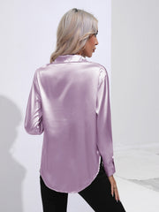 Satin tie-front blouse in Pink Purple with buttoned cuffs and a collared neckline.