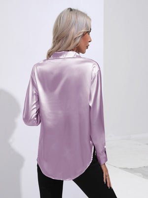 Satin tie-front blouse in Pink Purple with buttoned cuffs and a collared neckline.