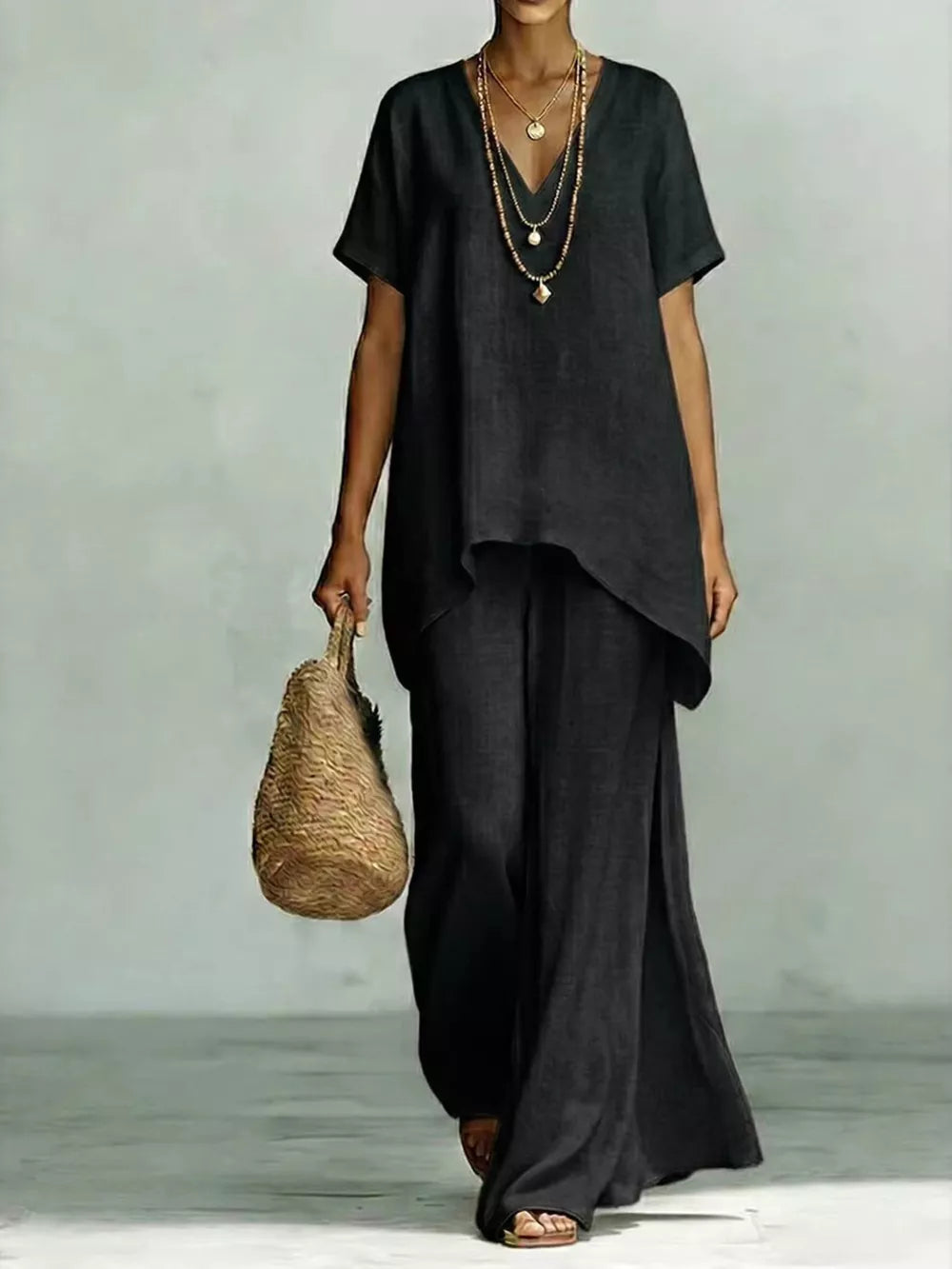 Effortless V-neck Top & Wide-leg Pant Set
