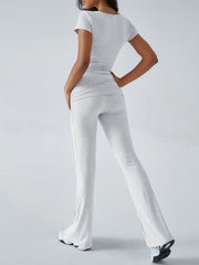 Light Gray loungewear set with ruched waistband and flared pants.
