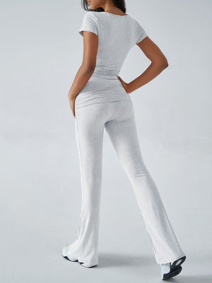 Light Gray loungewear set with ruched waistband and flared pants.