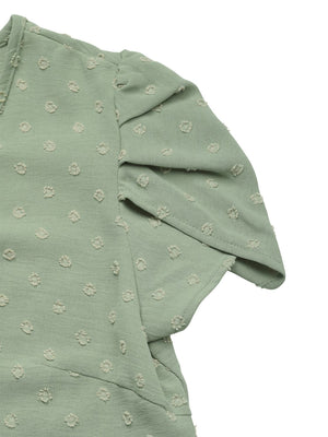 Sage textured dot puff sleeve blouse with ruffled details
