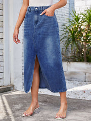 Light blue denim midi skirt with elastic waist and front slit