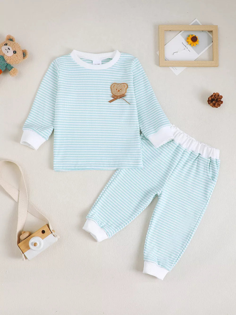 Children's Bear Striped Top And Pants Set in Light Blue, close-up detail