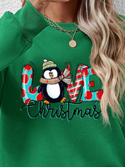Green festive penguin graphic sweatshirt with LOVE Christmas text.