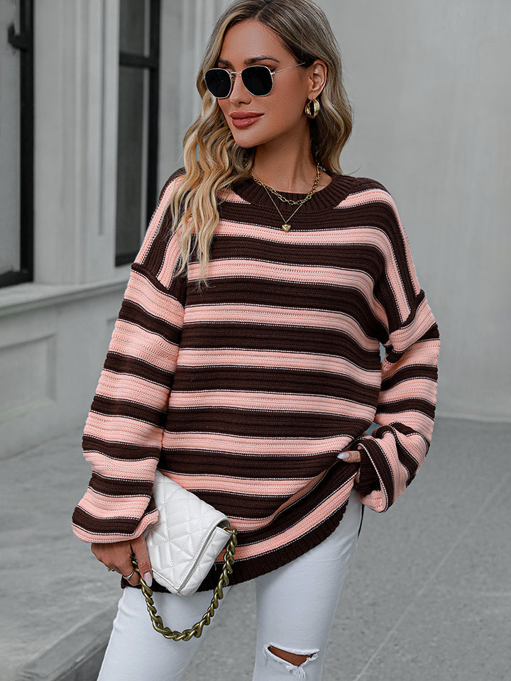 Chunky stripe relaxed fit knit sweater in burnt coral and brown acrylic with crewneck.