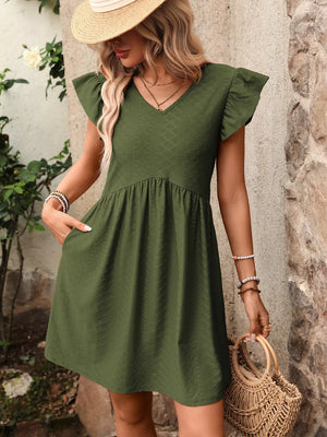 A-line dress in bean green with ruffled sleeves and textured fabric.