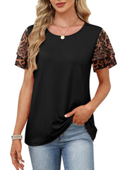 Black t-shirt with layered leopard print ruffled short sleeves and a crew neck.