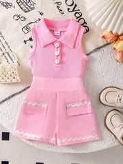 Children's Ribbed Knit Polo Top & Scalloped Shorts Set in Blue, front view