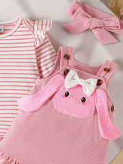 Pink corduroy bunny dress with white bow and striped bodysuit.