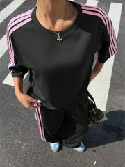 Striped Short Sleeve Top And Pants Set in Yellow, editorial view