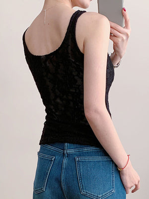 Black lace tank top with sheer floral pattern and scoop neck
