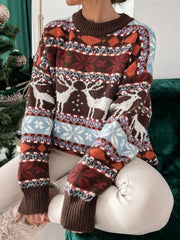 Brown acrylic knit sweater with Fair Isle reindeer and snowflake pattern, crew neck, long sleeves.