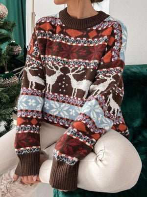 Brown acrylic knit sweater with Fair Isle reindeer and snowflake pattern, crew neck, long sleeves.