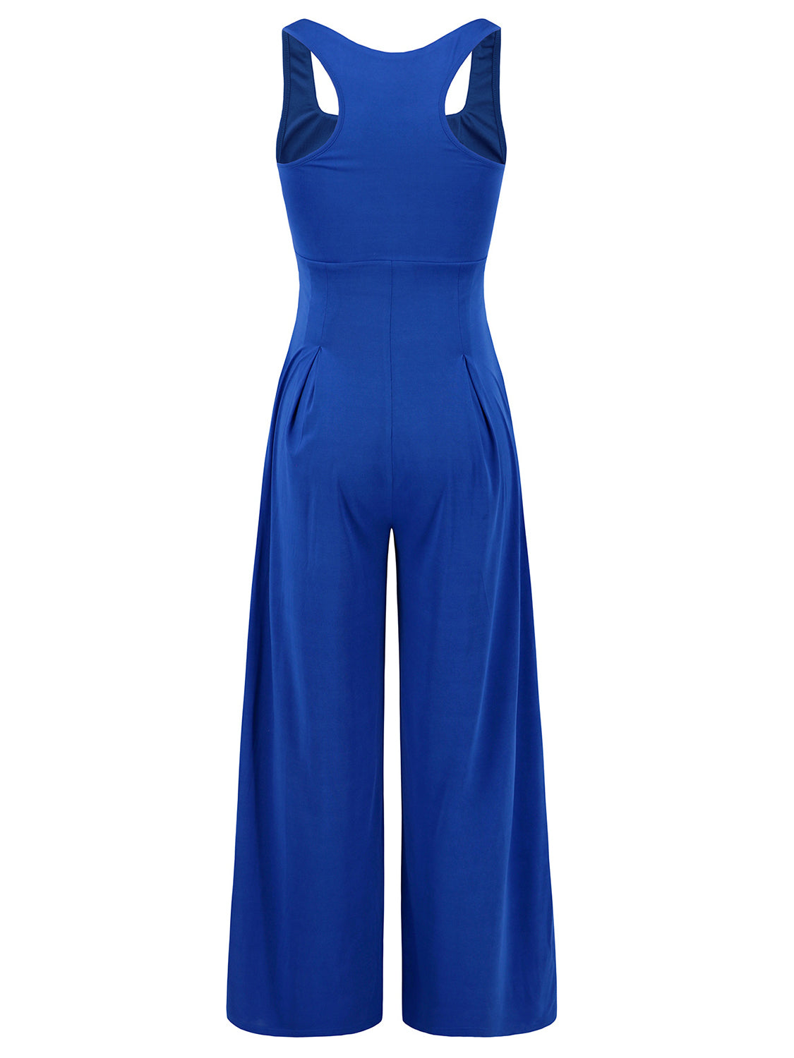 Royal blue sleeveless palazzo jumpsuit with square neckline and wide legs.