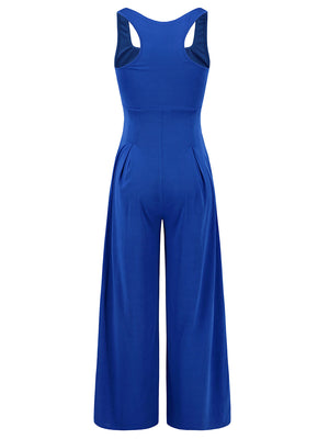 Royal blue sleeveless palazzo jumpsuit with square neckline and wide legs.