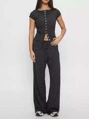 Dark gray striped cropped button-down top and wide-leg pants set