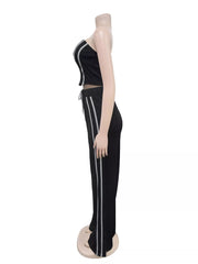 Black tube top and wide-leg pants set with white stripe detail and drawstring waist.